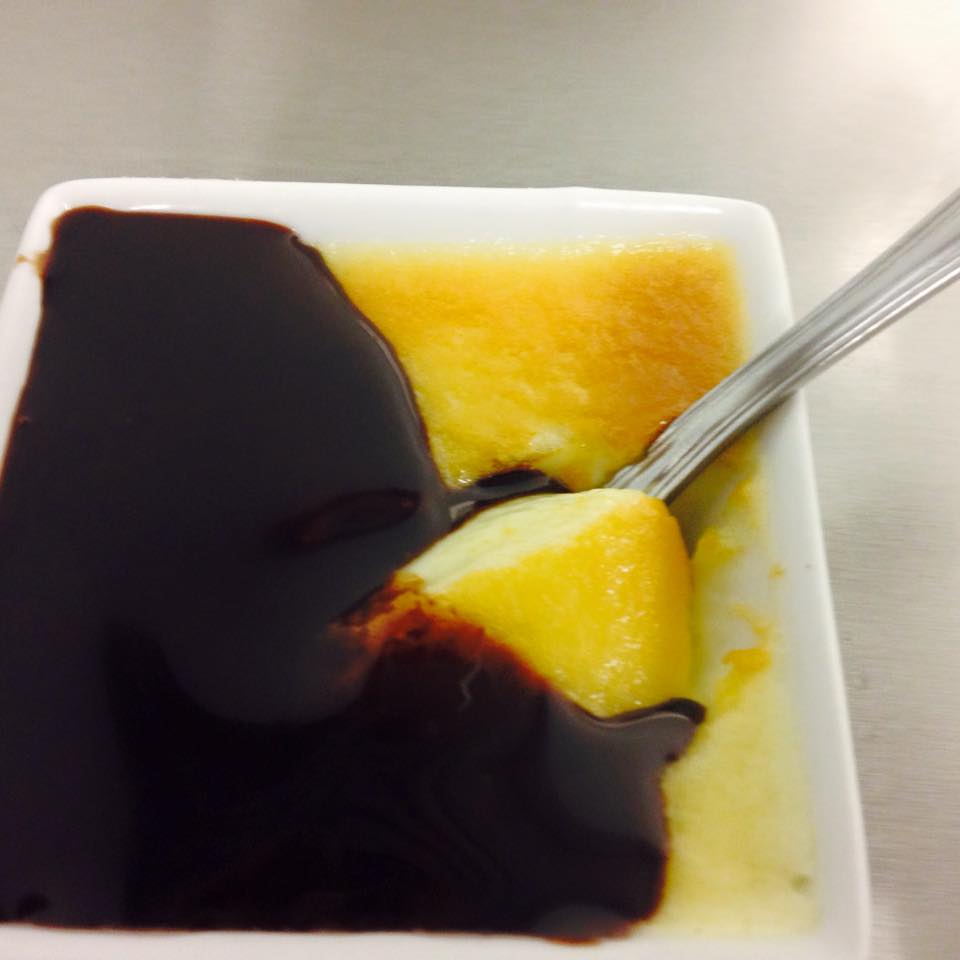 Baked mascarpone custard with dark chocolate
