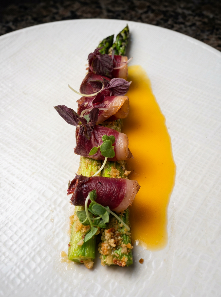 Duck prosciutto on asparagus with orange citronette