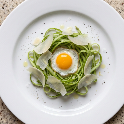 Quail egg with shaved asparagus