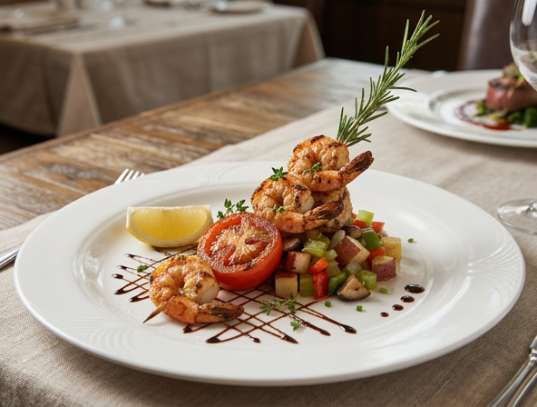 Rosemary shrimp skewers on agrodolce vegetables