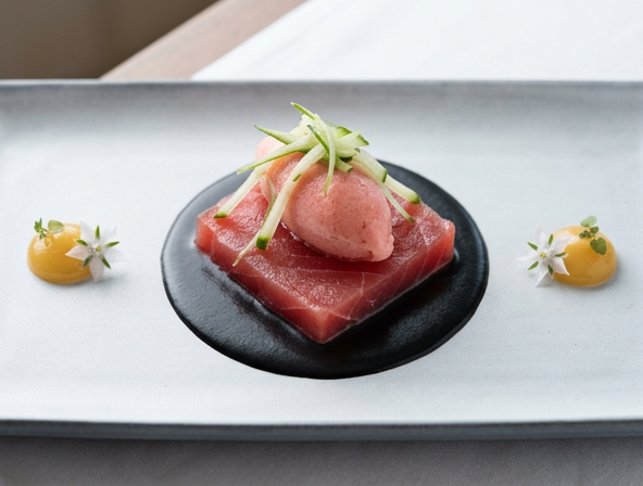 Ahi tuna chiffonade with strawberry horseradish sherbet
