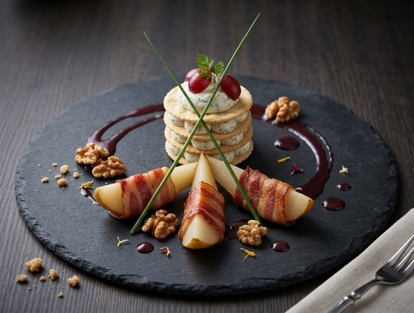 Bacon-wrapped pear with goat cheese millefoglie
