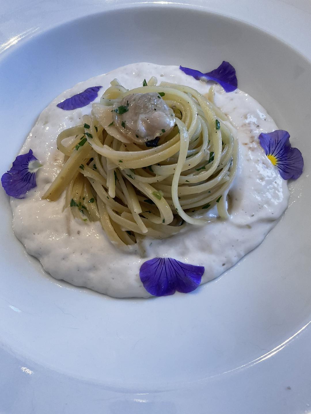 Linguine with manila clams plated over warm Prosecco foam