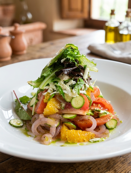 Orange and tomato salad with shaved zucchini, celery, mixed greens and ricotta salata