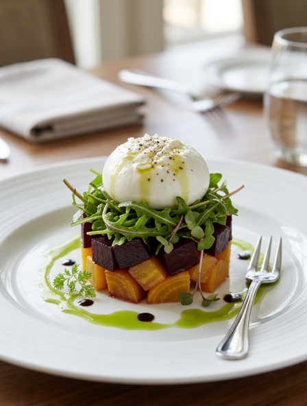 Burrata on roasted beets salad